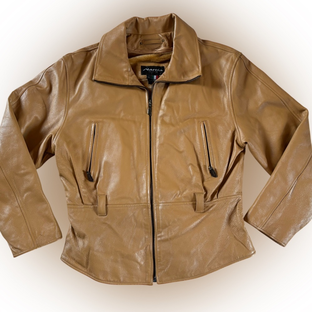 Marcia Collection Genuine Leather Jacket Tan Caramel Removable Liner Vest Coat L